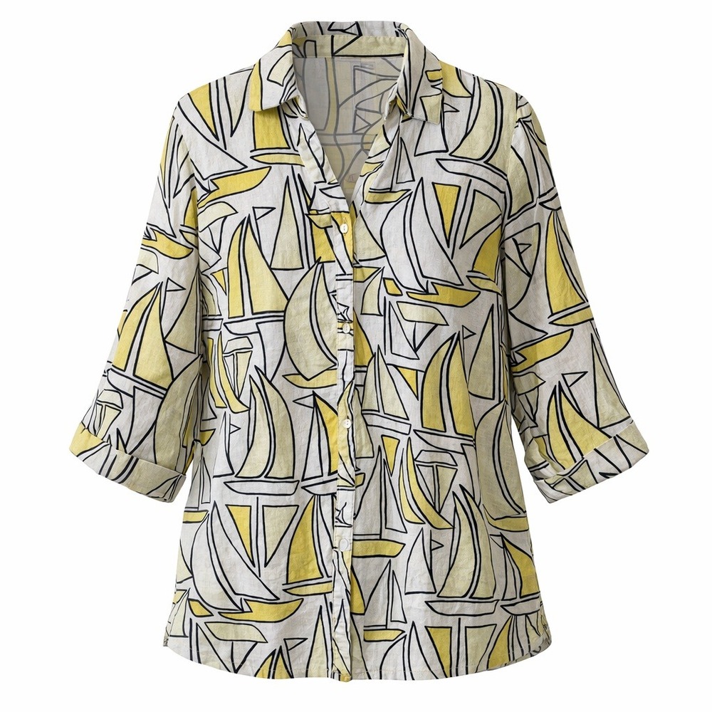 JM Collection Linen Button Down‎ Shirt Yellow Sailboat Print Nautical Cruise 14W